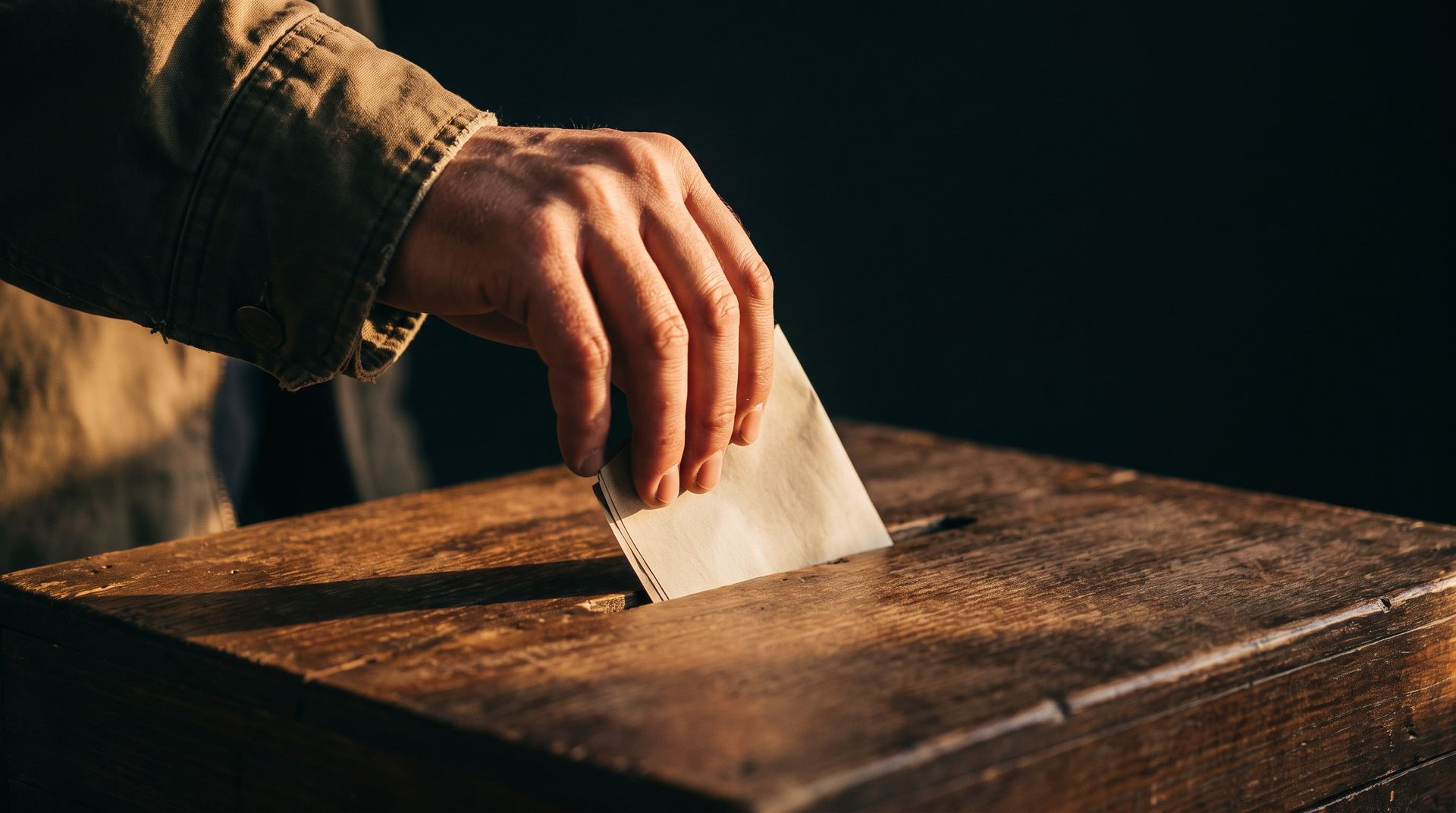 A hand casting a paper ballot into a ballot box
