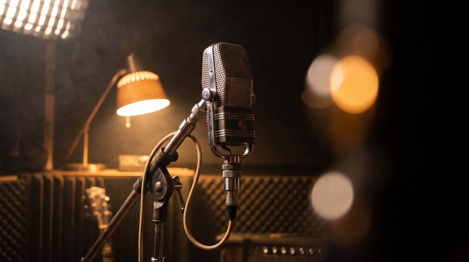A vintage microphone lit by warm studio lights
